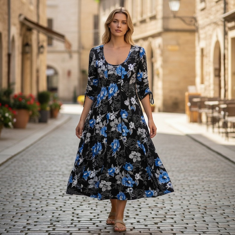 Sami & Jo Dress Women's Small Black Blue Floral Ruched Tie Sleeve Fit & Flare